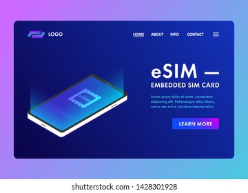 eSIM - Embedded-SIM card technology with isometric 3D landing template page concept flat modern icon element with smart phone and esim form