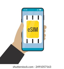 Esim, Hand holds smartphone with embedded sim card, modern technology. Electronic sim phone new mobile communication technology. Digital card microchip smartphone gsm. Flat vector Illustration