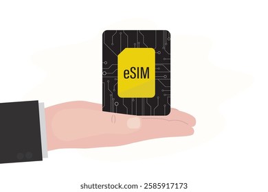 Esim, Hand holds smartphone with embedded sim card, modern technology. Electronic sim phone new mobile communication technology. Digital card microchip smartphone gsm. Flat vector Illustration