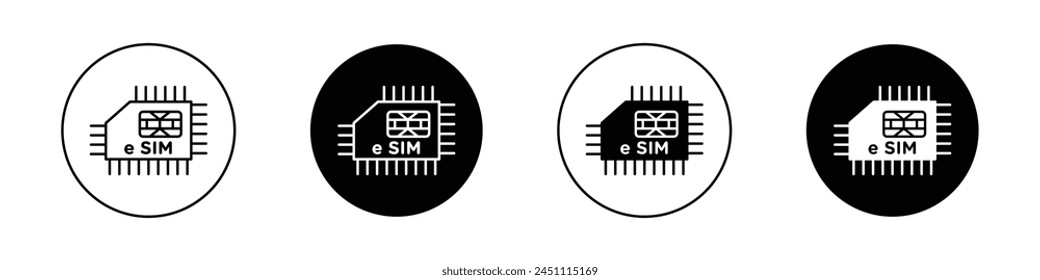 Conjunto de iconos ESIM. símbolo de Vector sim virtual digital del teléfono inteligente. E simcard Iniciar sesión negro relleno y contorneado estilo.