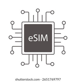 Ícone Esim chip de linha ciberespaço sem fio. Placa de circuito para dispositivo. Cartão SIM mínimo, eletrônico. Cartão Esim.