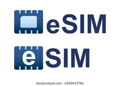 ESIM, labels or signs. Embedded sim card on white background. Sim card chip with text. Part of cellphone. E-sim, mobile technology. Logo or icons template. Trendy flat vector illustration