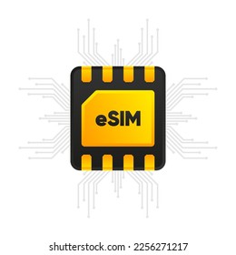 eSIM modern chip. Mobile device with a chip eSIM. Embedded virtual SIM. Mobile communication technology concept. Vector illustration.