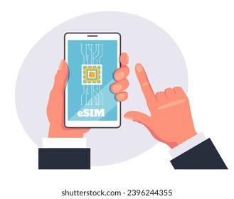 Esim on phone screen electronic mobile technology concept. Vector flat graphic design illustration
