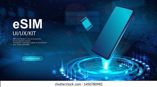 eSIM and Smartphone hologram. Presentation banner, Holographic projection with isometric smartphones. eSIM card chip sign. New mobile communication technology. Vector illustration banner sim card