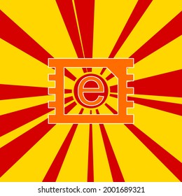ESIM symbol on a background of red flash explosion radial lines. The large orange symbol is located in the center of the sun, symbolizing the sunrise. Vector illustration on yellow background