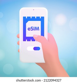 eSIM-Technologie 3D-Vektorgrafik-Konzept. Embedded SIM elektronische Telefonsim-Karte. Auf der Cartoon-Hand befindet sich das Smartphone auf dem Logo der Filmkarte und der Schalter zum Einschalten des Dienstes