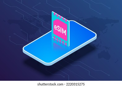 Esim technology digital card microchip phone gsm mobile vector concept. Esim technology