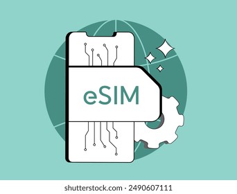 eSIM technology - digital SIM card for mobile phones. Embedded SIM for global roaming and smartphone network access. eSIM isolated flat modern vector illustration with icons