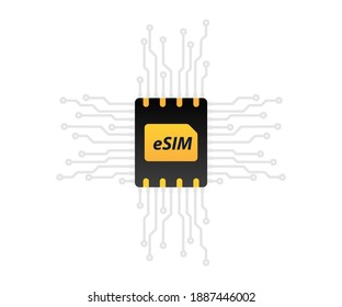 eSIM-Technologie. Eingebettetes SIM. Neue Mobilkommunikationstechnologie. SIM Embedded SIM Kartensymbol. 5 g SIM-Karten für mobile Geräte mit Chip