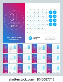 esk calendar for 2019 year. Set of 12 pages. Vector design print template with place for photo. Week starts on Monday. Calendar grid with week numbers