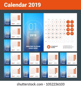 esk calendar for 2019 year. Set of 12 pages. Vector design print template with place for photo. Week starts on Monday. Calendar grid with week numbers