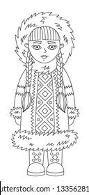 Eskimo alaska girl line doodle vector illustration character