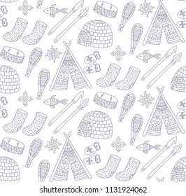Eskimo alaska north doodle line symbols seamless vector pattern