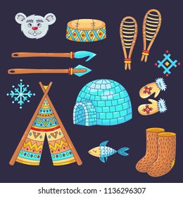 Eskimo alaska north pole doodle colorful cartoon icons vector set