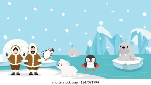 Eskimo with Arctic animal background