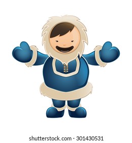 Eskimo in blue. Funny character with big smile. Color vector picture isolate on white background