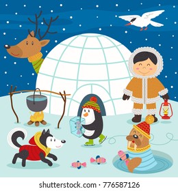 Eskimo boy and arctic animals on North Pole  - vector illustration, eps
