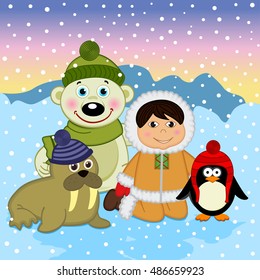 Eskimo boy with arctic animals - vector illustration, eps
