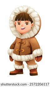 Eskimo boy character in traditional fur outfit. Vector cartoon illustration