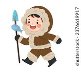 Eskimo boy with fish catch cartoon