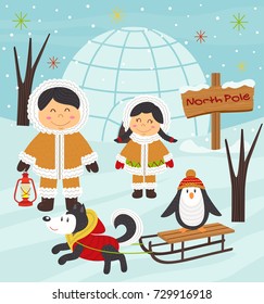 Eskimo boy and girl with arctic animals - vector illustration, eps
