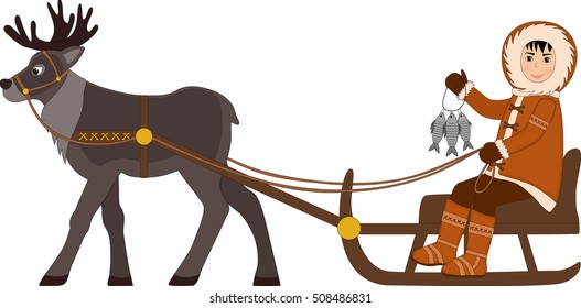 eskimo boy riding in sleigh with a bunch of fish in hand 