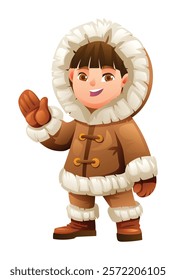 Eskimo boy waving in a cheerful pose, wearing traditional fur outfit. Vector cartoon character illustration