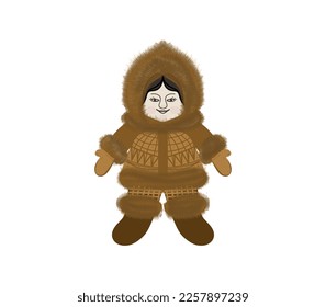 Eskimo, a boy in winter clothes, a cartoon character, a color drawing, on a transparent background, for printing and design