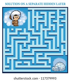 Eskimo boy's Maze Game (help the lost eskimo boy find the right way home to his igloo - Maze puzzle with solution)