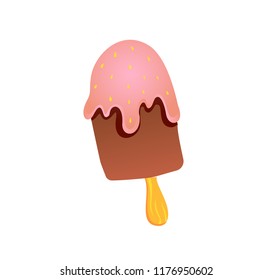Eskimo cartoon icecream with wooden stick in chocolate glaze with strawberry yogurt vector illustration isolated on white background.
