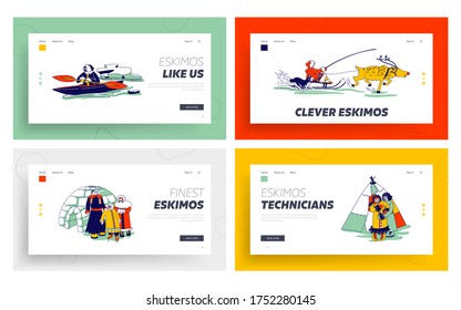 Eskimo Characters Landing Page Template Set. Esquimau Family Mother, Father and Kid. Eskimos People in Traditional Clothes and Arctic Animals, on Kayak, Igloo in Far North. Linear Vector Illustration