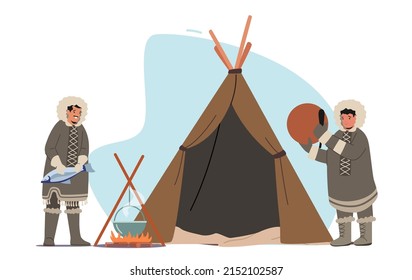 Eskimo Characters On Alaska, Chukchi Northern Pole, Iceland Indigenous Minorities People Lifestyle. Shaman With Tambourine, Inuit Cooking Fish In Cauldron On Fire. Cartoon Vector Illustration