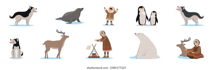 Eskimo Characters in Traditional Clothing and Animal as Life in the Far North Vector Set