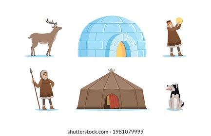 Eskimo Characters in Traditional Clothing and Arctic Animals Vector Set