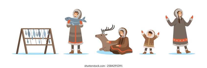 Eskimo Characters in Traditional Clothing as Life in the Far North Vector Set