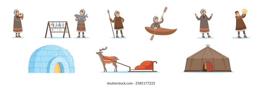 Eskimo Characters in Traditional Clothing as Life in the Far North Vector Set