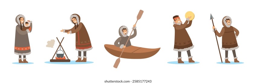 Eskimo Characters in Traditional Clothing as Life in the Far North Vector Set