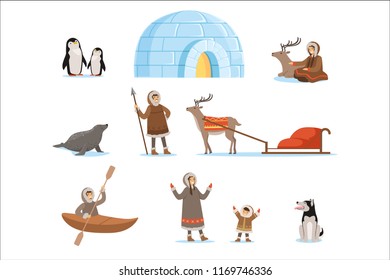 Eskimo characters in traditional clothing and their arctic animals. Life in the far north. Set of colorful cartoon detailed vector Illustrations