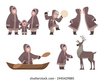 Personajes esquimales. Caracteres étnicos tradicionales auténticos frio familia alaska vectores exactos dibujos animados felices personas aisladas