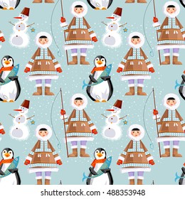 Eskimo Child and a Snowman, a penguin with a fish. Seamless background pattern. Vector illustration