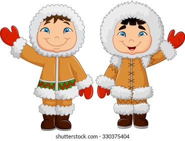 Eskimo clothes. Happy little kids waving . vector isolated on white background
