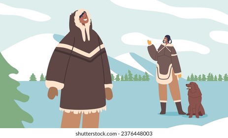 Eskimo Couple Bundled In Warm Fur Attire, Stands With Their Loyal Dog, Woman Waving Enthusiastically Vector Illustration