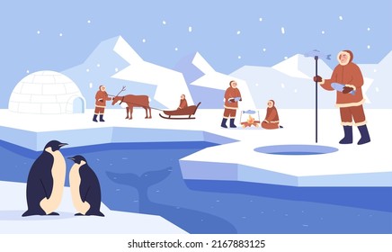 Eskimo doing everyday choirs. People catching fish, cooking, riding sledges in arctic setting. North, activity concept for website or landing page