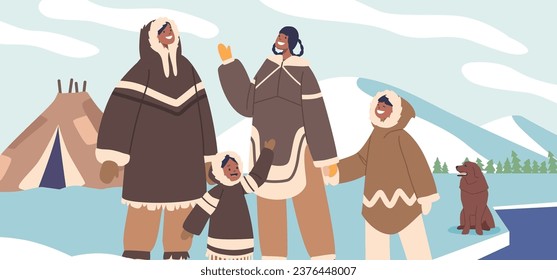 Eskimo Family Characters, Bundled In Warm Attire And Dog, Stands By Their Traditional Yurt, Cheerfully Waving Hands