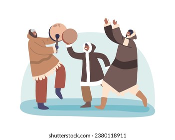 Eskimo Family Characters Gather In Lively Circles, Dancing To The Rhythm Of Drum And Tambourine, Vector Illustration