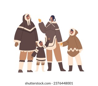 Eskimo Family, Cheerful Parents And Children Characters Stand, Bundled In Furs, Waving Hands, Exemplifying Warmth