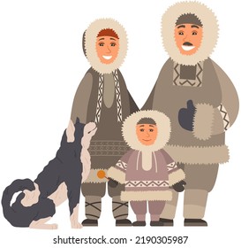 Eskimo family mother, father and son standing with fluffy sledge dog. Smiling characters with pet. Full length portrait of happy arctic people wearing traditional warm clothes for cold climate