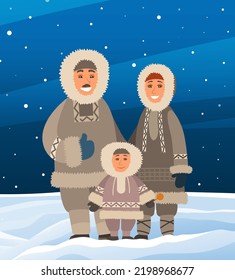 Eskimo family mother, father and son standing together on snowy landscape. Smiling parents with little boy in arctic, north pole. Happy arctic people wearing traditional warm clothes for cold climate