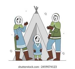 Familia esquimal cerca de iglú simple. Gente del Ártico vestida de abrigo cerca de una carpa. Hombre y mujer con chico en el Polo Norte. Clima nevado de invierno. Doodle Ilustración vectorial plana aislada sobre fondo blanco